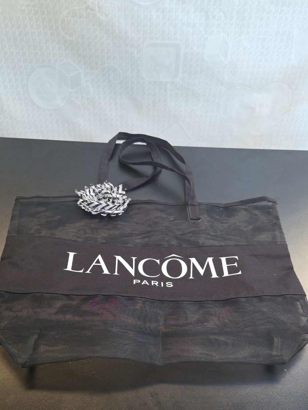 Lancôme Black Mesh Tote with Flower Accent